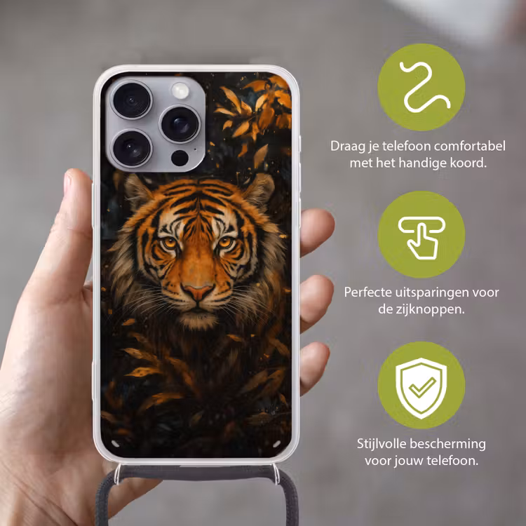 Bladeren - Tijger - Oranje Hoesje iPhone 16 Pro Max met koord klein -sfeer2_NL