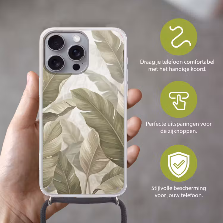 Bladeren - Tropisch - Natuur - Abstract - Beige Hoesje iPhone 16 Pro Max met koord klein -sfeer2_NL