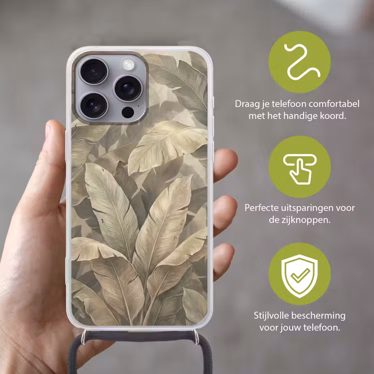 Bladeren - Tropisch - Natuur - Modern - Beige Hoesje iPhone 16 Pro Max met koord klein -sfeer2_NL