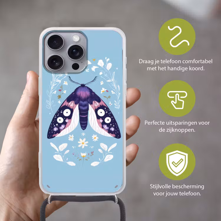 Bladeren - Wit - Vlinder - Insect Hoesje iPhone 16 Pro Max met koord klein -sfeer2_NL