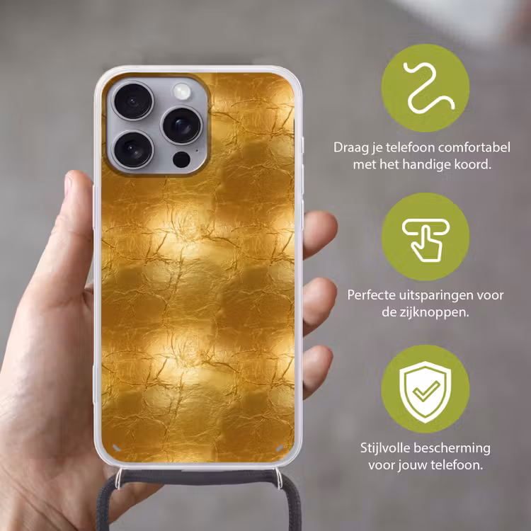 Bladgoud - Vintage - Textuur - Warm Goud Hoesje iPhone 16 Pro Max met koord klein 804 -sfeer2_NL