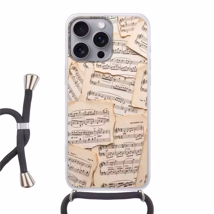 Bladmuziek - Oud - Noten - Vintage - Beige Hoesje iPhone 16 Pro Max met koord klein -3d
