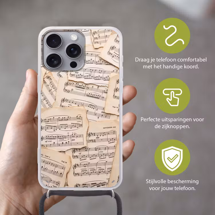 Bladmuziek - Oud - Noten - Vintage - Beige Hoesje iPhone 16 Pro Max met koord klein -sfeer2_NL