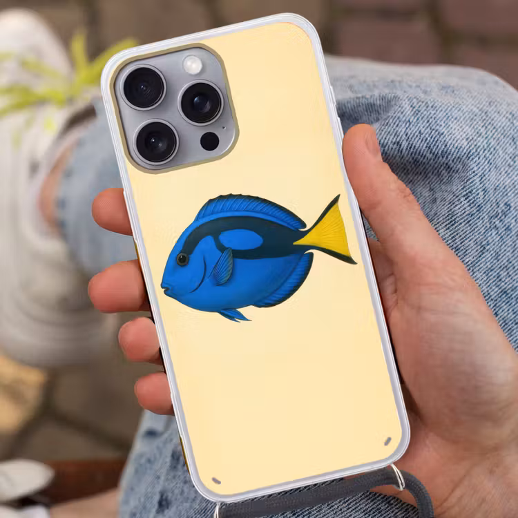 Blauw - Dory - Vis - Staartvin Hoesje iPhone 16 Pro Max met koord klein -sfeer3