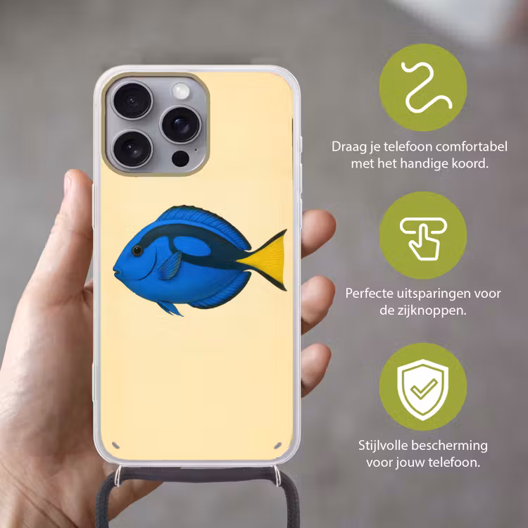 Blauw - Dory - Vis - Staartvin Hoesje iPhone 16 Pro Max met koord klein -sfeer2_NL