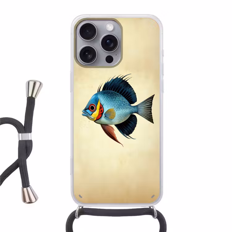 Blauw - Kieuwen - Vis - Illustratie Hoesje iPhone 16 Pro Max met koord klein -3d