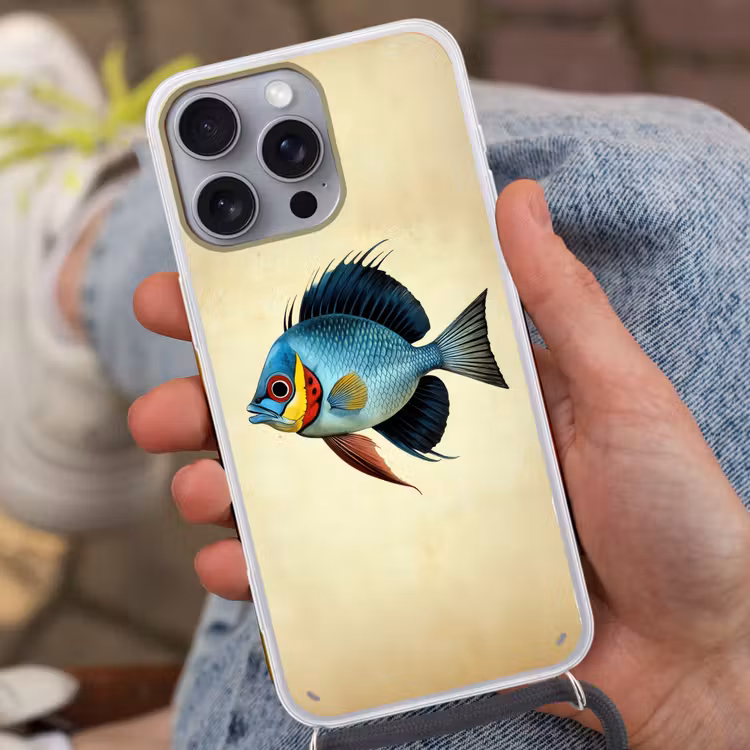 Blauw - Kieuwen - Vis - Illustratie Hoesje iPhone 16 Pro Max met koord klein -sfeer3