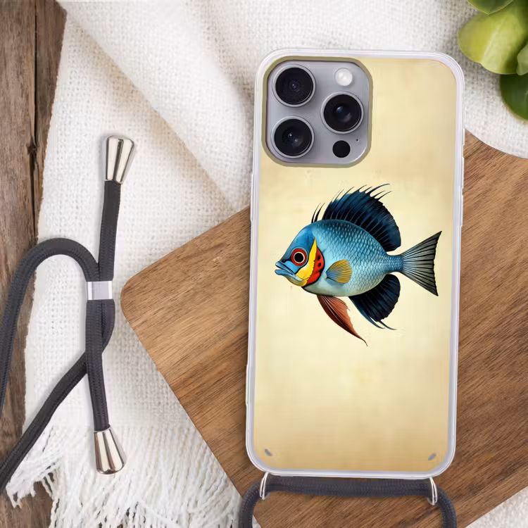 Blauw - Kieuwen - Vis - Illustratie Hoesje iPhone 16 Pro Max met koord klein -sfeer4