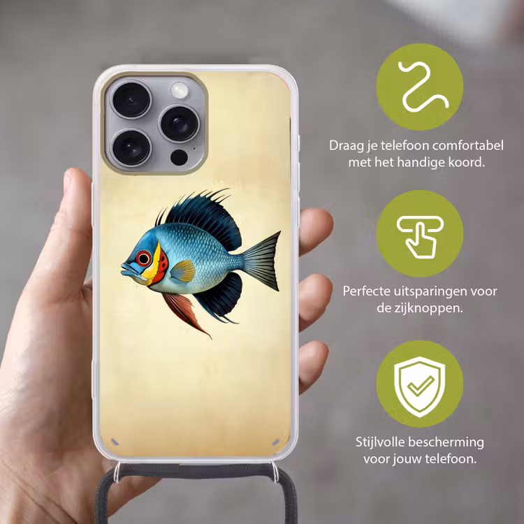 Blauw - Kieuwen - Vis - Illustratie Hoesje iPhone 16 Pro Max met koord klein -sfeer2_NL