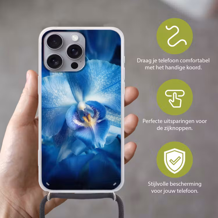 Blauw - Orchidee - Elegeant Hoesje iPhone 16 Pro Max met koord klein -sfeer2_NL