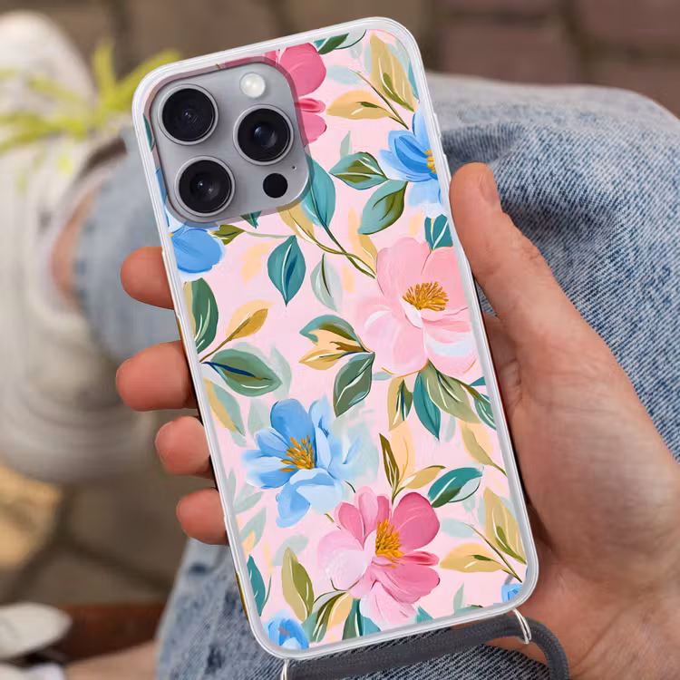 Blauw - Roze - Bloemen Hoesje iPhone 16 Pro Max met koord klein -sfeer3