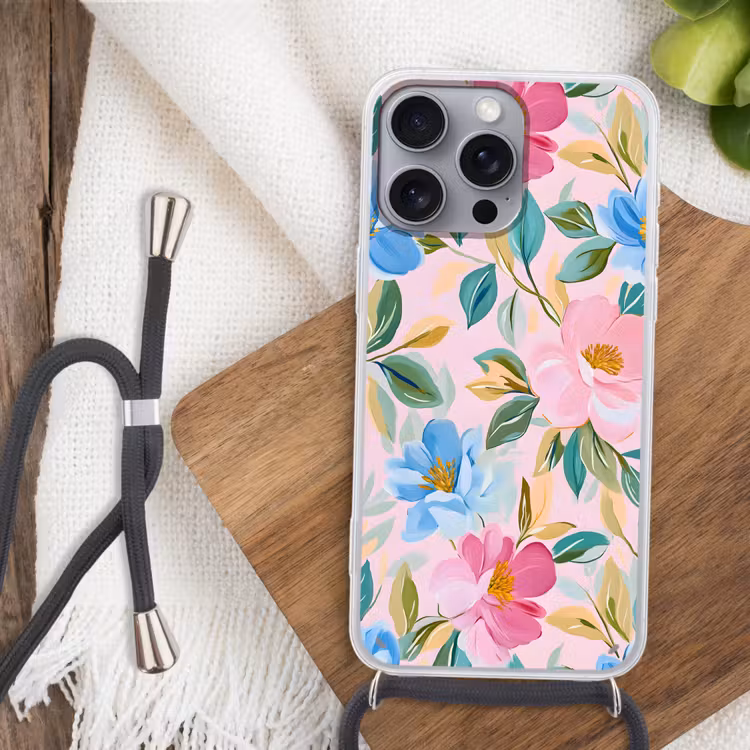 Blauw - Roze - Bloemen Hoesje iPhone 16 Pro Max met koord klein -sfeer4