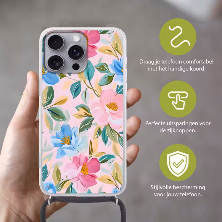 Blauw - Roze - Bloemen Hoesje iPhone 16 Pro Max met koord klein -sfeer2_NL