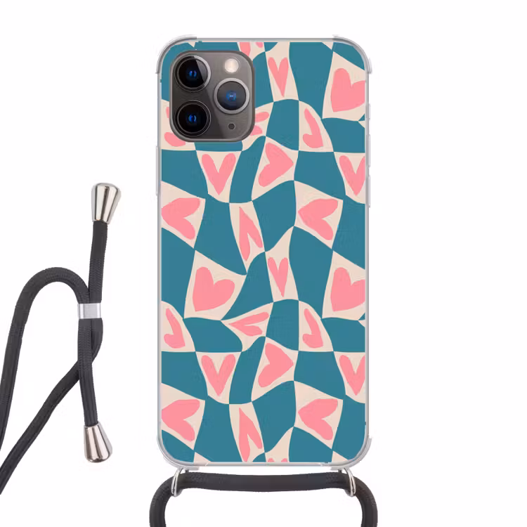 Blauw - Vlakken - Patroon - Hartjes Hoesje iPhone 12 Pro met koord klein 509 -3d