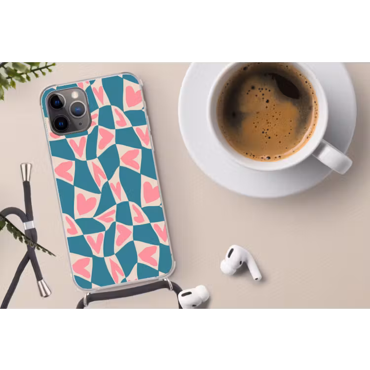 Blauw - Vlakken - Patroon - Hartjes Hoesje iPhone 12 Pro met koord klein 509 -oordop