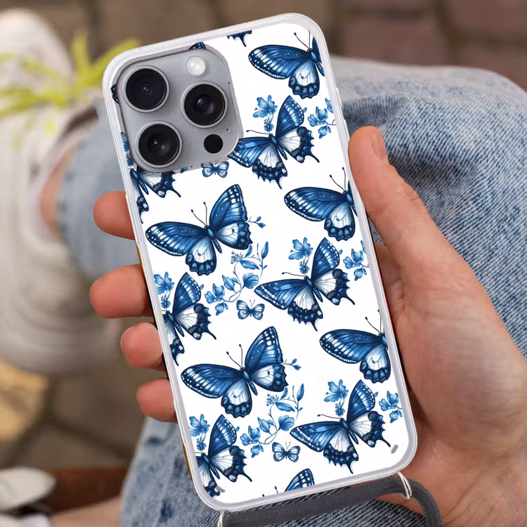 Blauw - Vlinders - Bloemen - Wit Hoesje iPhone 16 Pro Max met koord klein 804 -sfeer3
