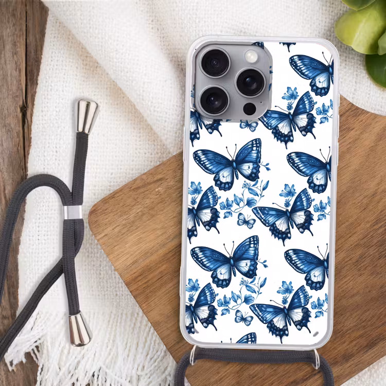 Blauw - Vlinders - Bloemen - Wit Hoesje iPhone 16 Pro Max met koord klein 804 -sfeer4