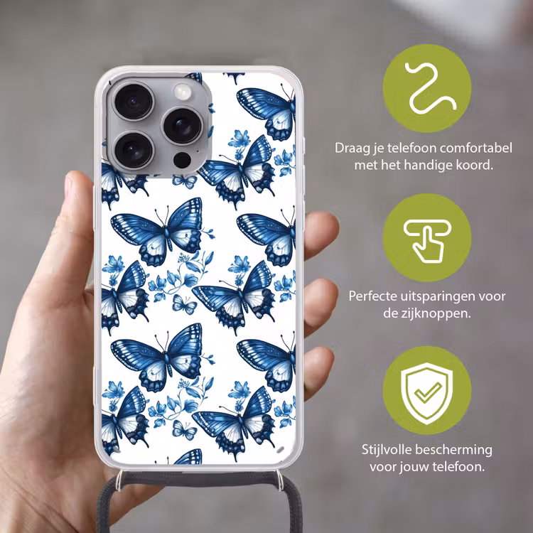 Blauw - Vlinders - Bloemen - Wit Hoesje iPhone 16 Pro Max met koord klein 804 -sfeer2_NL