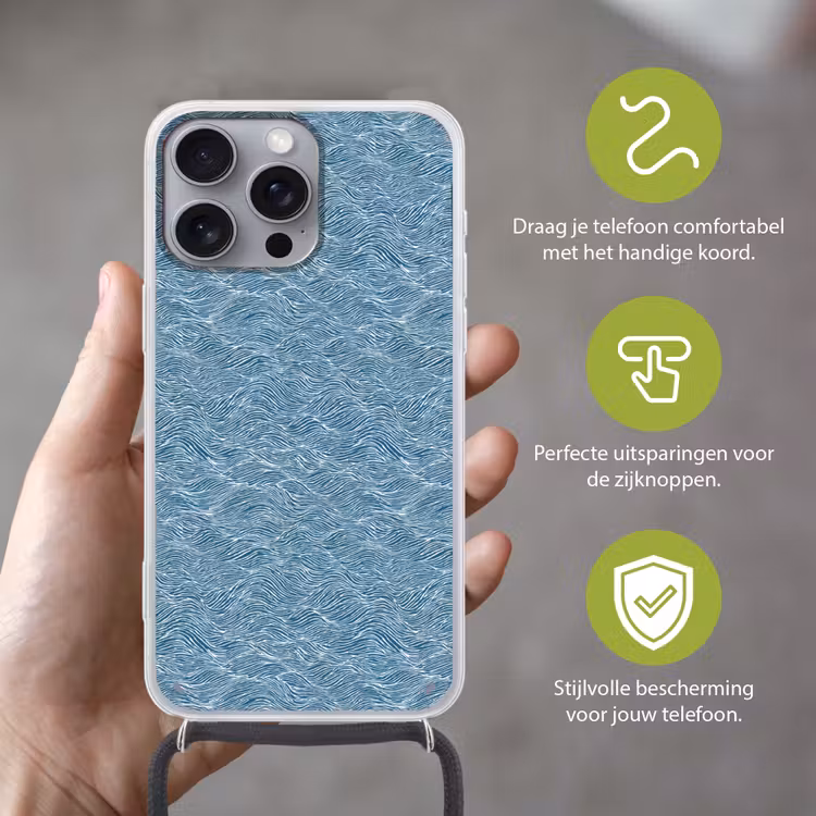 Blauw - Wit - Golven - Getekend - Textuur Hoesje iPhone 16 Pro Max met koord klein 804 -sfeer2_NL