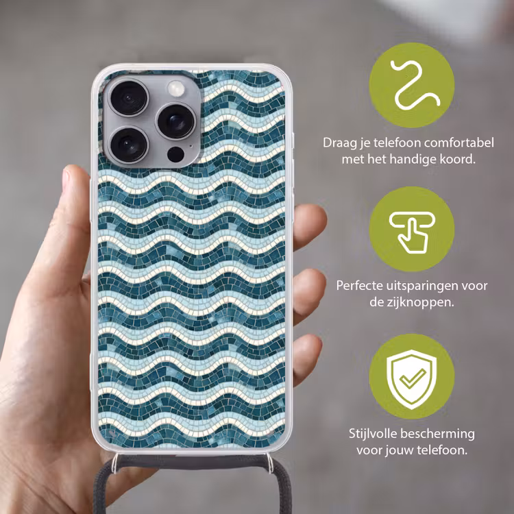 Blauw - Wit - Mozaïek - Golvend Hoesje iPhone 16 Pro Max met koord klein 804 -sfeer2_NL