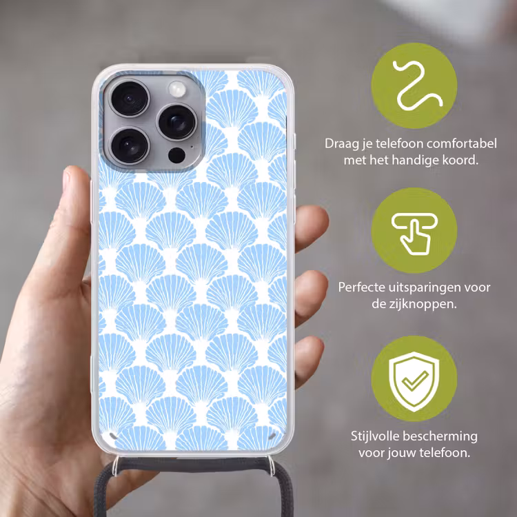 Blauw - Wit - Schelpen - Grafisch - Structuur Hoesje iPhone 16 Pro Max met koord klein 804 -sfeer2_NL