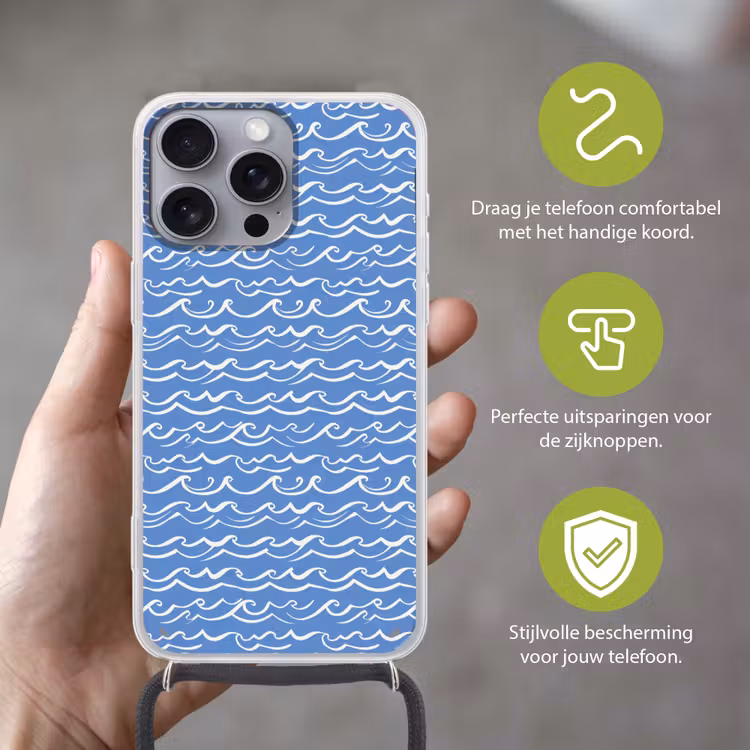 Blauw - Wit - Simpel - Getekend - Golven Hoesje iPhone 16 Pro Max met koord klein 804 -sfeer2_NL