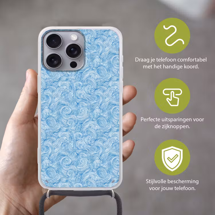Blauw - Wit - Spiraal - Golven - Lijnen Hoesje iPhone 16 Pro Max met koord klein 804 -sfeer2_NL