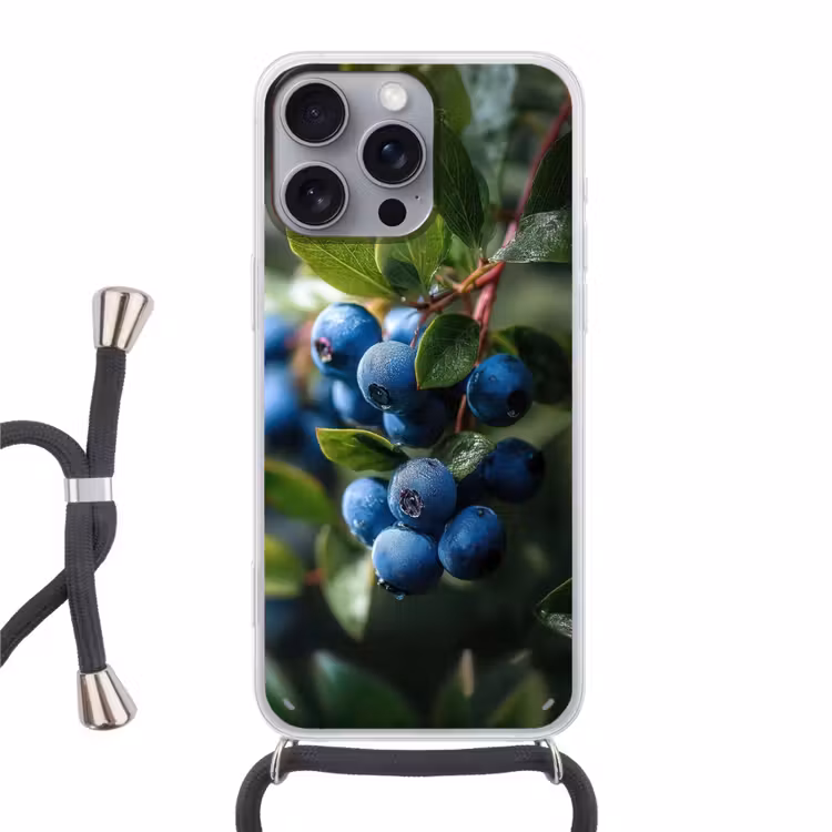 Blauwe bessen - Dauwdruppels - Natuurlijk licht Hoesje iPhone 16 Pro Max met koord klein -3d