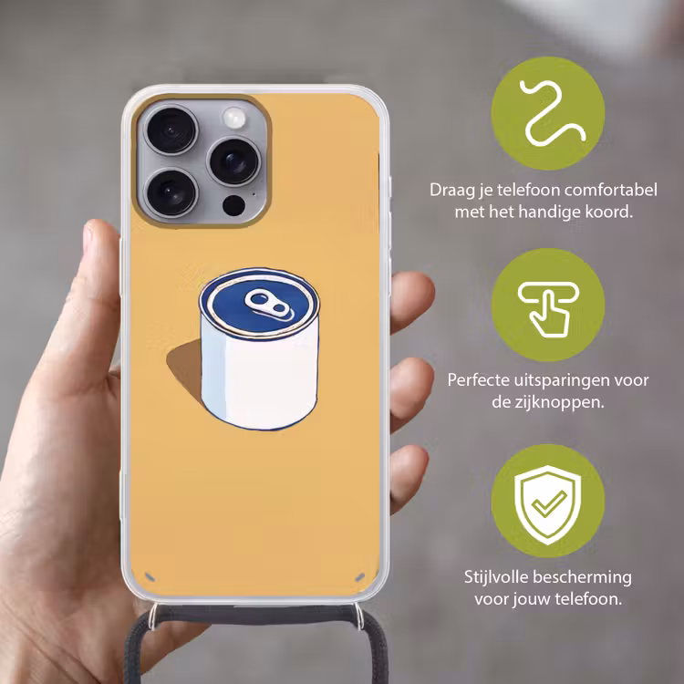 Blikje - Minimalistisch - Blauw - Illustratie Hoesje iPhone 16 Pro Max met koord klein -sfeer2_NL