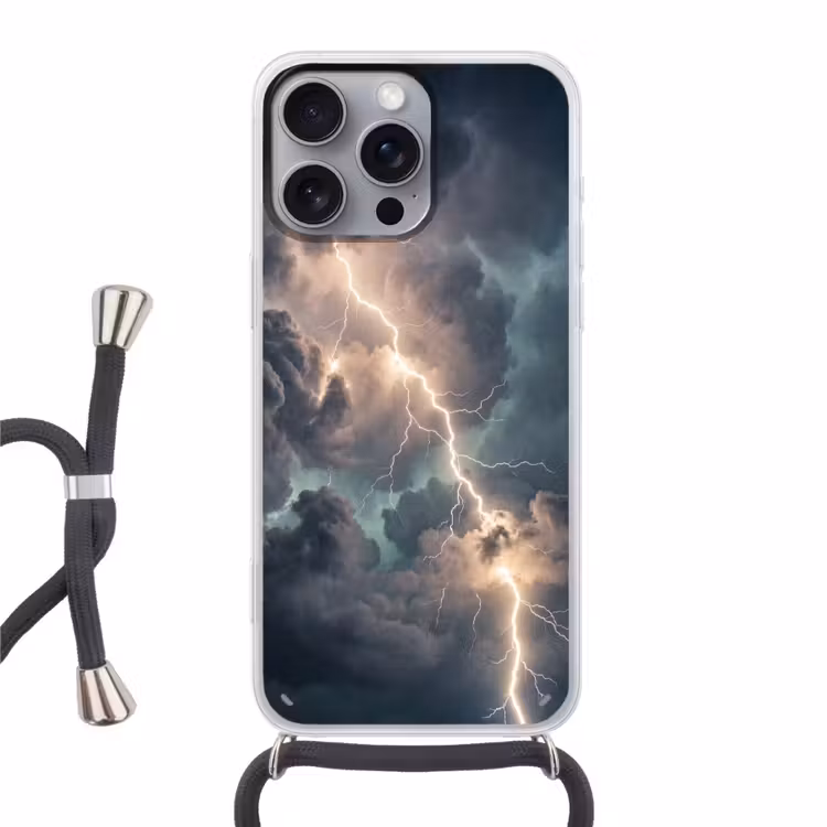Bliksem - Storm - Natuur - Donker Hoesje iPhone 16 Pro Max met koord klein -3d