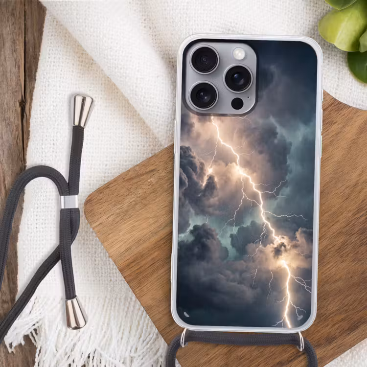 Bliksem - Storm - Natuur - Donker Hoesje iPhone 16 Pro Max met koord klein -sfeer4