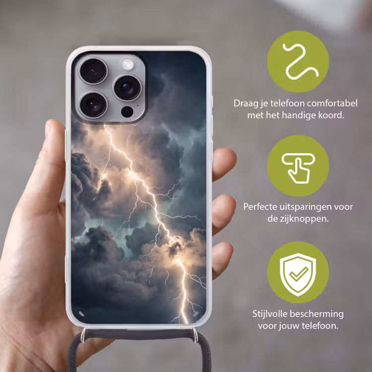 Bliksem - Storm - Natuur - Donker Hoesje iPhone 16 Pro Max met koord klein -sfeer2_NL