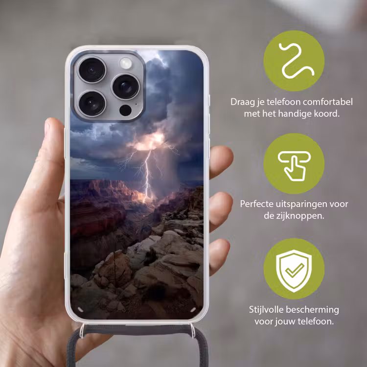 Bliksem - Wolken - Canyon Hoesje iPhone 16 Pro Max met koord klein -sfeer2_NL