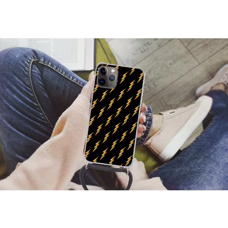 Bliksemschicht - Geel - Zwart Hoesje iPhone 12 Pro met koord klein -hand