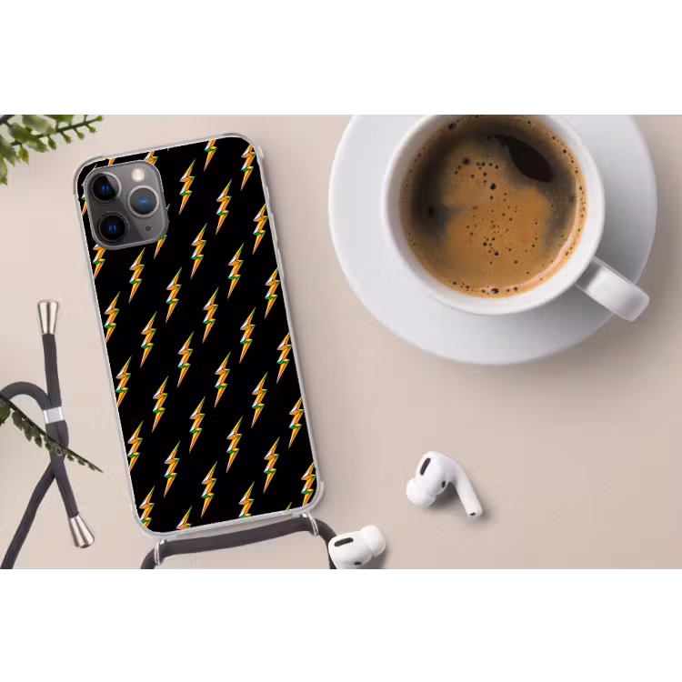 Bliksemschicht - Geel - Zwart Hoesje iPhone 12 Pro met koord klein -oordop