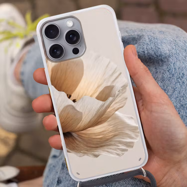 Bloem - Beige - Crème Hoesje iPhone 16 Pro Max met koord klein -sfeer3