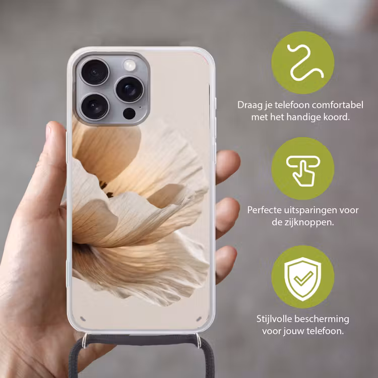 Bloem - Beige - Crème Hoesje iPhone 16 Pro Max met koord klein -sfeer2_NL