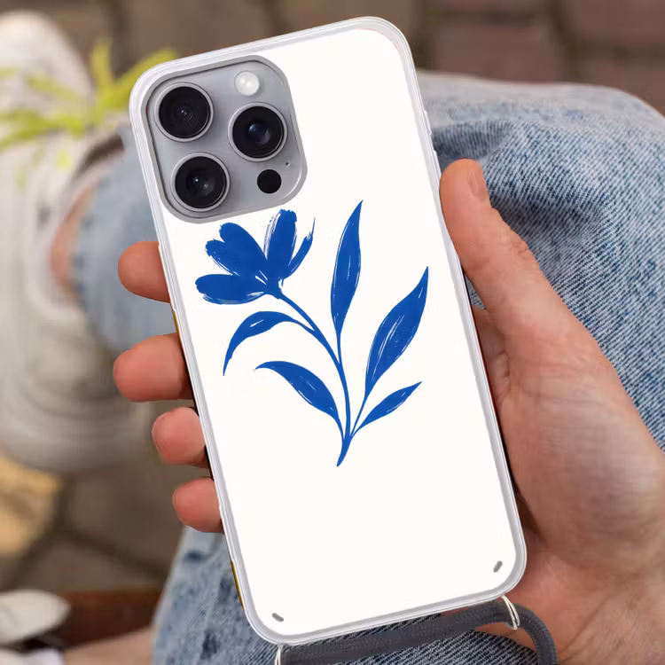 Bloem - Blaadjes - Minimalistisch - Blauw Hoesje iPhone 16 Pro Max met koord klein -sfeer3