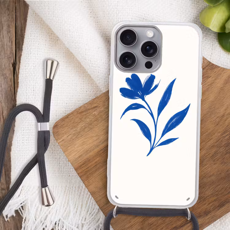 Bloem - Blaadjes - Minimalistisch - Blauw Hoesje iPhone 16 Pro Max met koord klein -sfeer4