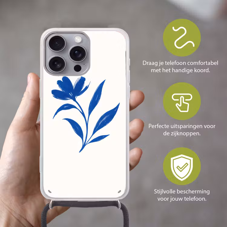 Bloem - Blaadjes - Minimalistisch - Blauw Hoesje iPhone 16 Pro Max met koord klein -sfeer2_NL