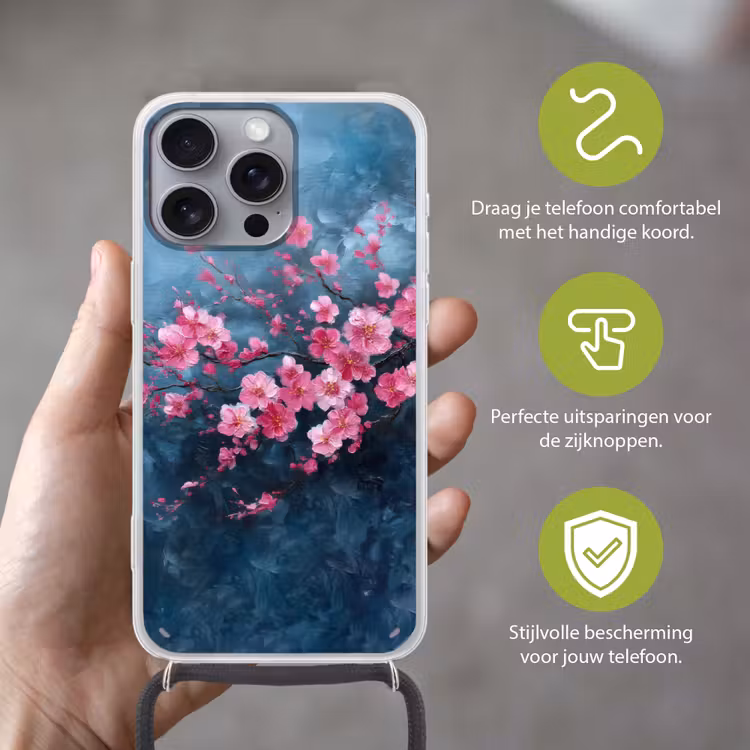 Bloem - Bloesems - Roze - Abstract Hoesje iPhone 16 Pro Max met koord klein -sfeer2_NL