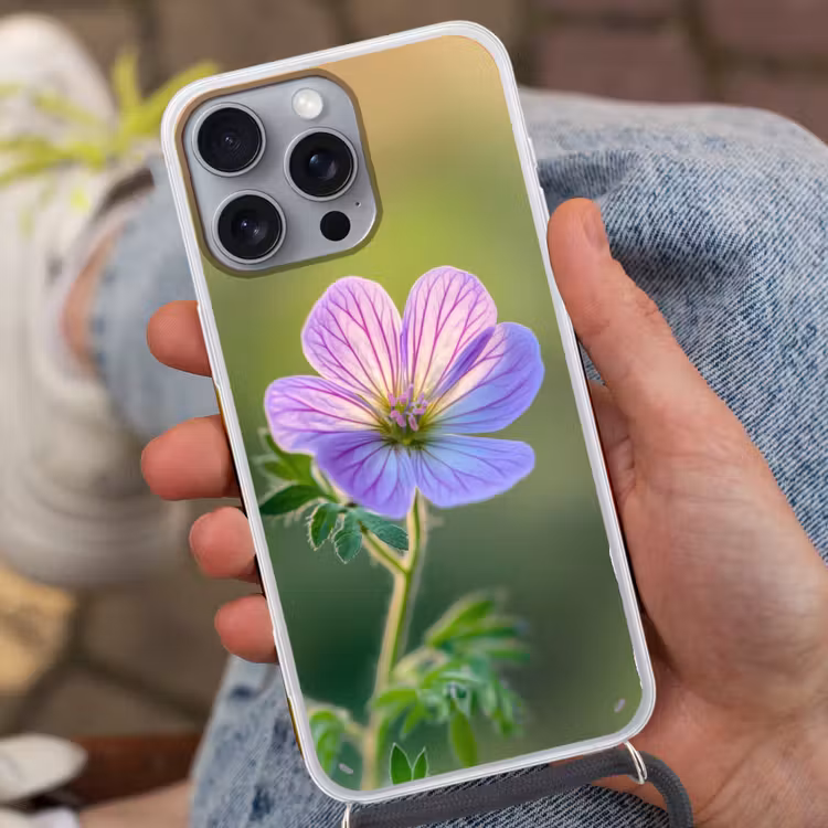 Bloem - Close up - Paars Hoesje iPhone 16 Pro Max met koord klein -sfeer3