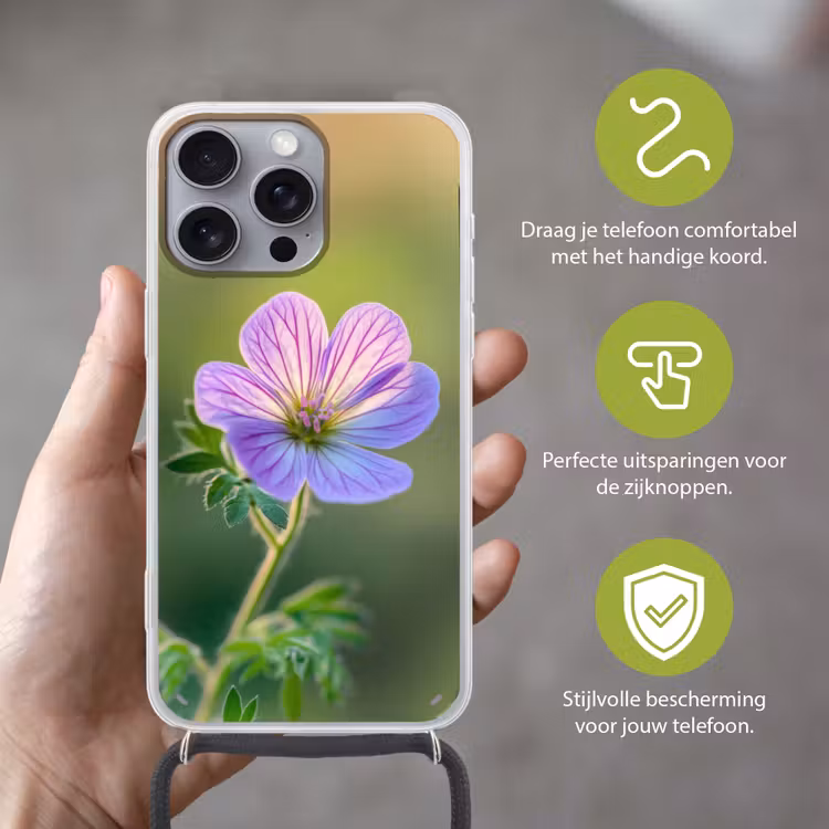 Bloem - Close up - Paars Hoesje iPhone 16 Pro Max met koord klein -sfeer2_NL