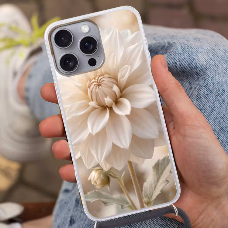 Bloem - Dahlia - Wit Hoesje iPhone 16 Pro Max met koord klein -sfeer3