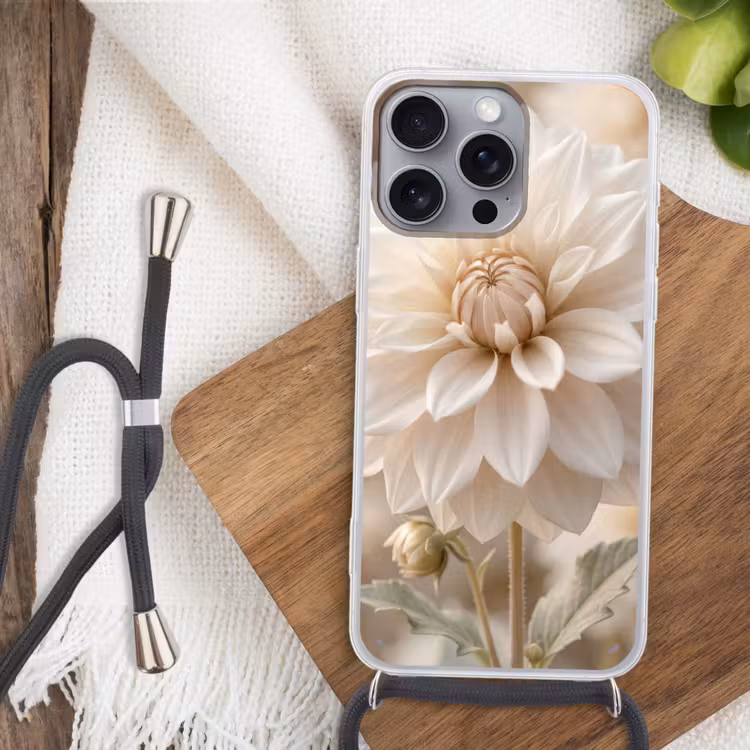 Bloem - Dahlia - Wit Hoesje iPhone 16 Pro Max met koord klein -sfeer4