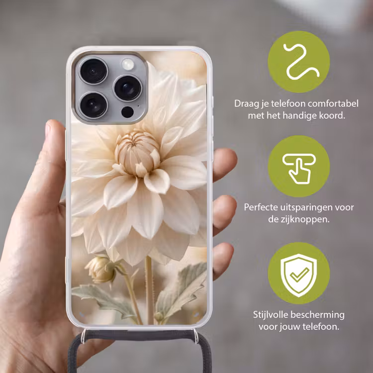 Bloem - Dahlia - Wit Hoesje iPhone 16 Pro Max met koord klein -sfeer2_NL