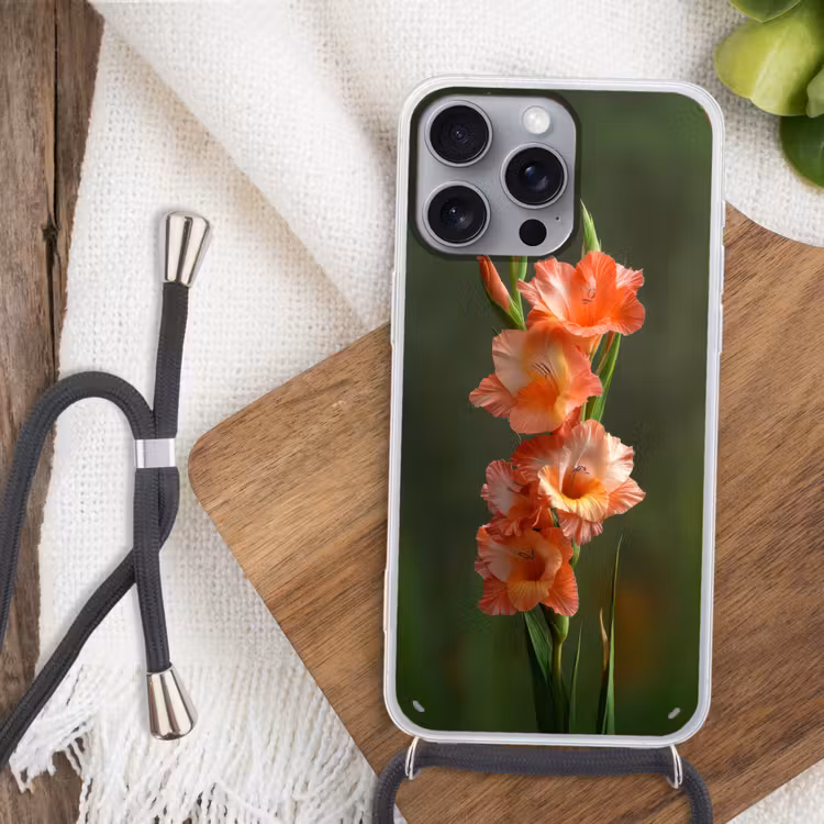 Bloem - Gladiolen - Zalmroze Hoesje iPhone 16 Pro Max met koord klein -sfeer4