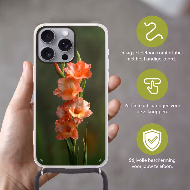 Bloem - Gladiolen - Zalmroze Hoesje iPhone 16 Pro Max met koord klein -sfeer2_NL