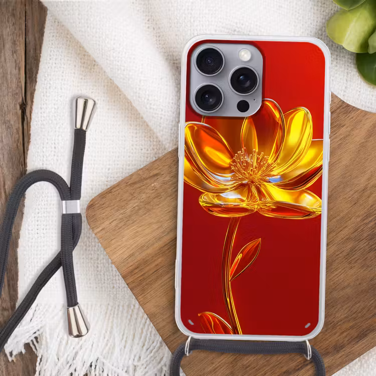 Bloem - Goud - Glazen Hoesje iPhone 16 Pro Max met koord klein -sfeer4