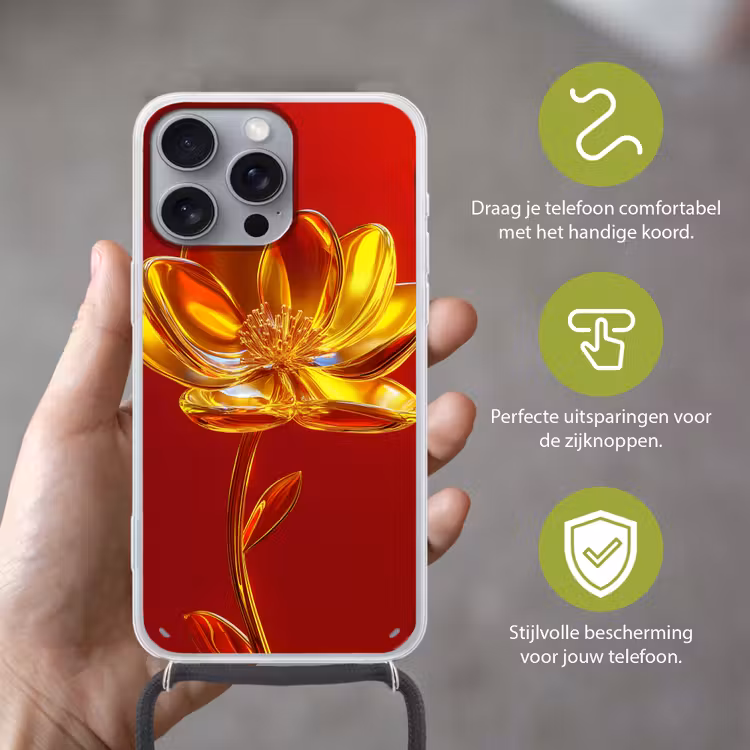 Bloem - Goud - Glazen Hoesje iPhone 16 Pro Max met koord klein -sfeer2_NL
